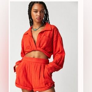 Free People Orange Textured High-Waist Shorts